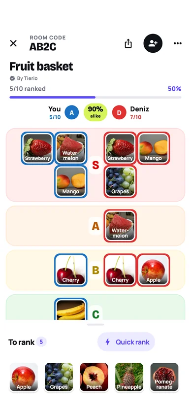 Two players’ lists side by side: tiers in the middle, yours on the left, your friend’s on the right